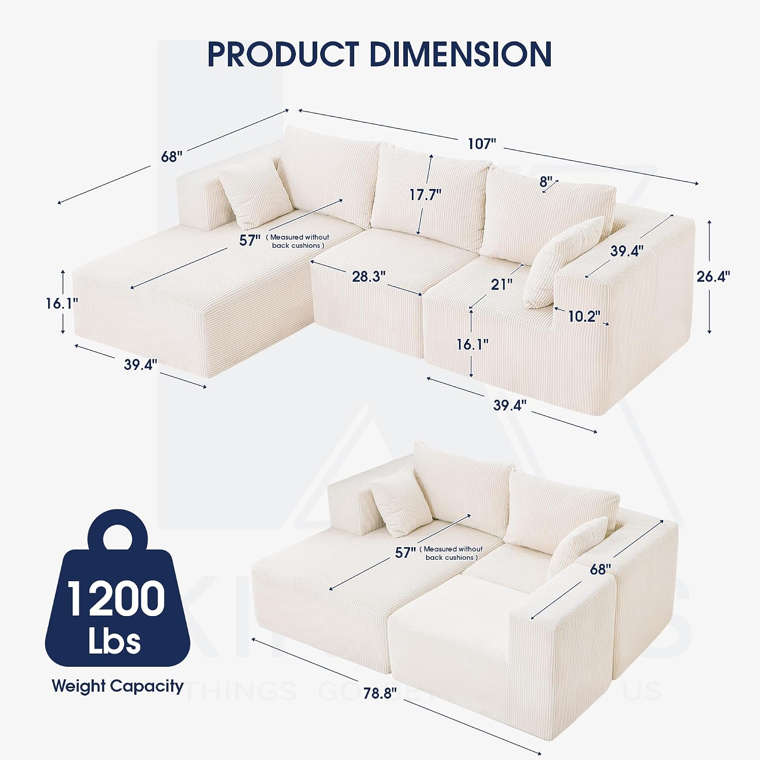 KINGYES 107'' Modular Sectional Sofa, L Shaped Cloud Couch for Living Room, Modern Plush Corduroy Boneless Sofa with Chaise for Bedroom, Beige