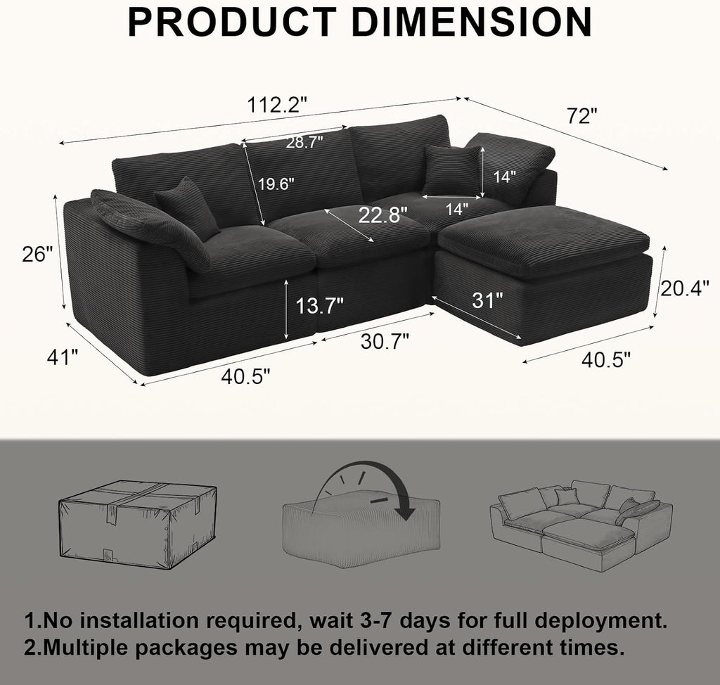 112' Cloud Sectional Couch, Boneless Couches for Living Room, L Shaped Couch with Convertible Ottoman, Modular Sectional Sofa with Deep Seat, Comfy Soft Cushions, No Assembly, Black