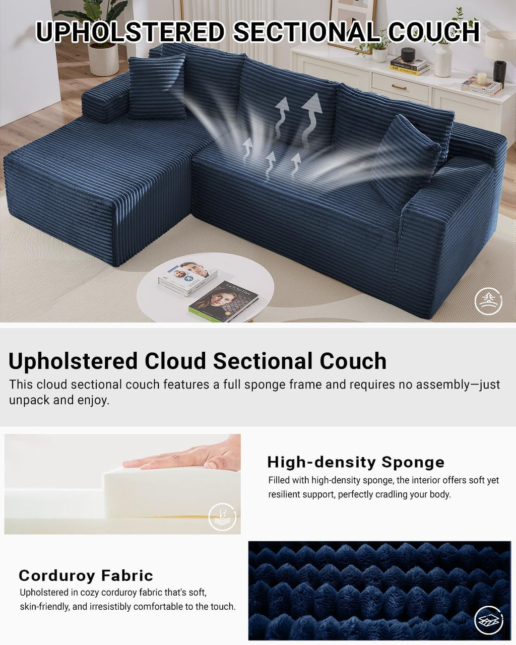 105 Inch Cloud Sectional Couch,Modern Modular Sectional Sofa with Deep Seat,Corduroy Boneless Couches with L-Shape Chaise for Living Room Bedroom,No Assembly Required (Blue, Left Facing Chaise)