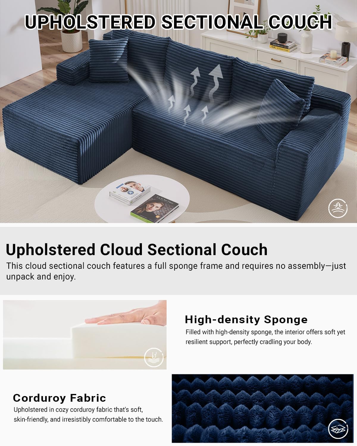 105 Inch Cloud Sectional Couch,Modern Modular Sectional Sofa with Deep Seat,Corduroy Boneless Couches with L-Shape Chaise for Living Room Bedroom,No Assembly Required (Blue, Left Facing Chaise)