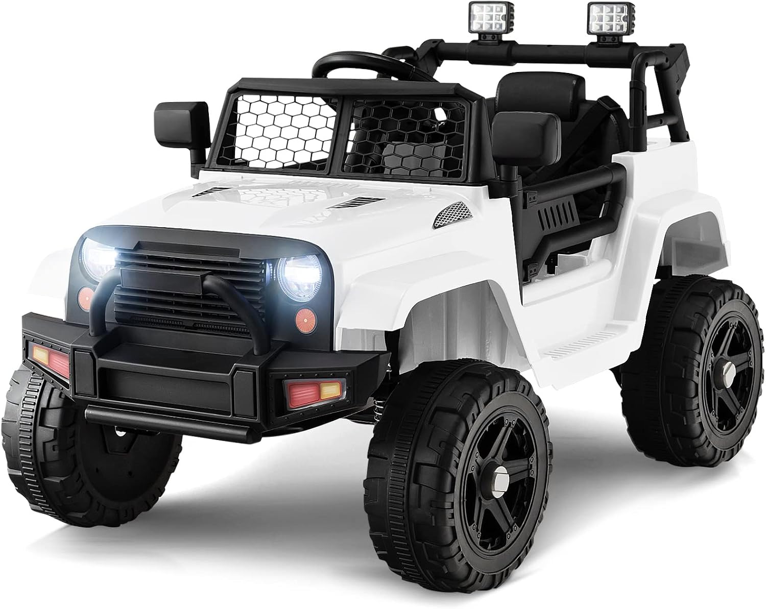 OLAKIDS Kids Ride On Truck, 12V Electric Vehicle Jeep Car with Remote Control, Toddlers Battery Powered Toy with 2 Speeds, Spring Suspension, Double Open Doors, LED Lights, Music, TF, USB, Mp3 (White)