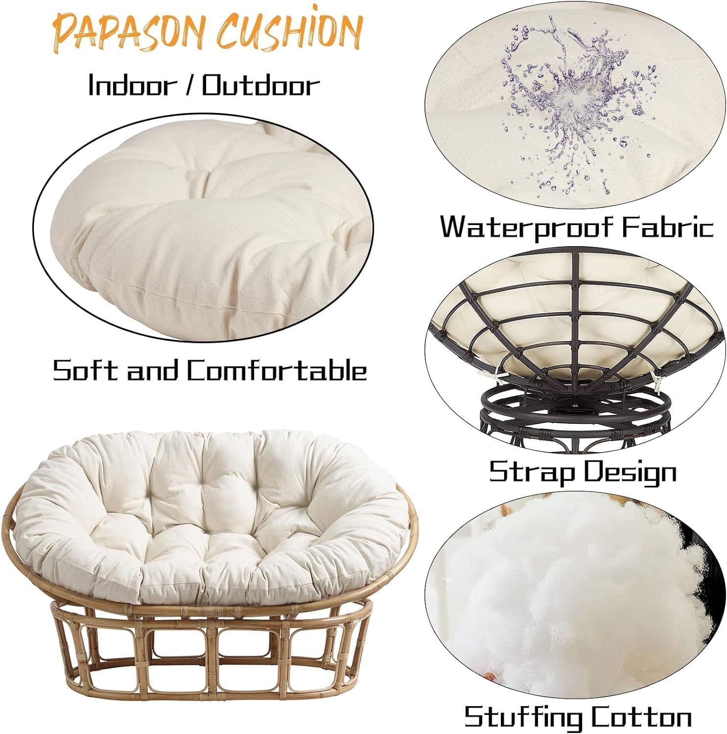 Double Papasan Cushion, Thick Comfortable Hammocks Swing Pads with Ties, Oversized Overstuffed Double Papasan Chair Cushion Only, 67in*47in (White)