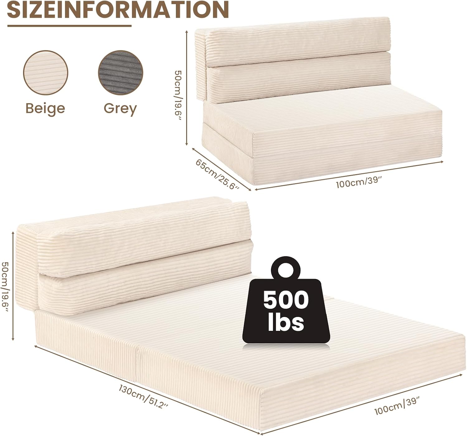JUIKURY Folding Sofa Bed, Convertible Sleeper Chair with Pilow Foldable Matress, 2 in 1 Pull Out Loveseat Sofa Portable Fold Out Chair Bed Floor Couch Lounge for Living Room Bedroom (Beige, Twin)