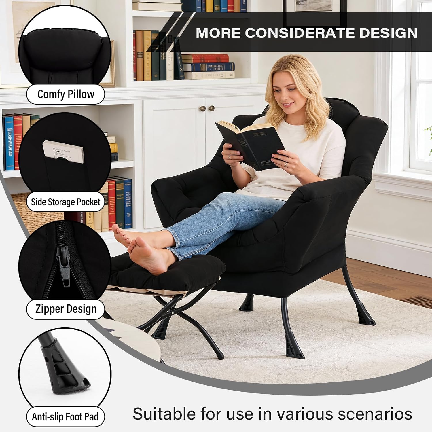 MBOOYOME Lazy Chair with Folding Ottoman, Modern Accent Lounge Armchair with Armrests and a Side Pocket & Foldable Footstool, Leisure Reading Chair for Living Room, Bedroom, Dorm & Office, Black