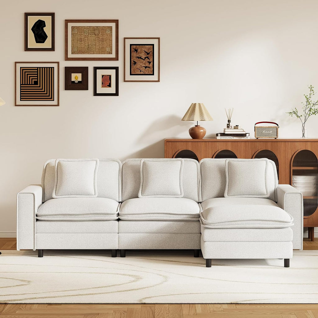 MALOL Modular Sectional Sofa 107', Comfy Cloud Couch with Ottoman, Deep 4-Seat L Shaped Modular Sofa, Couches with Throw Pillows for Living Room, Beige