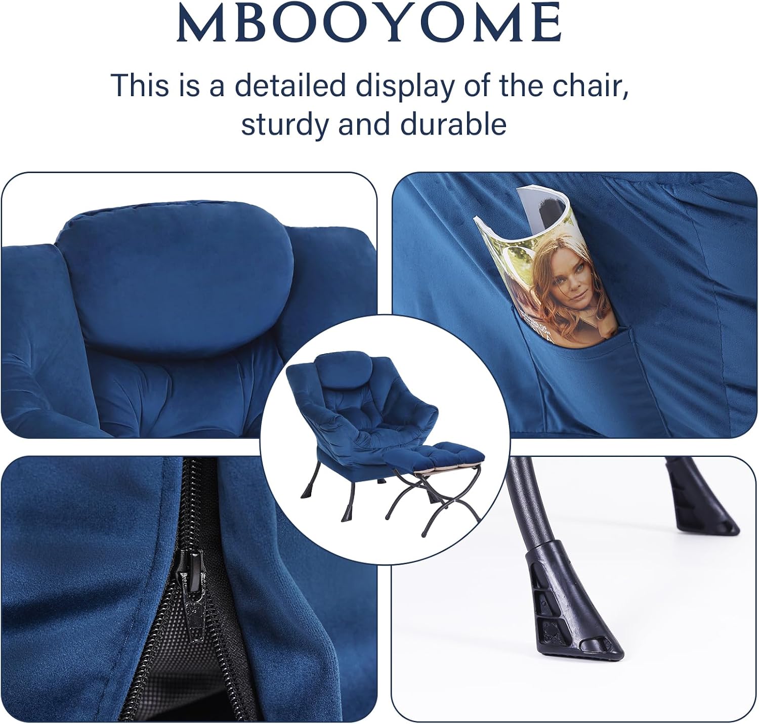 MBOOYOME Lazy Chair with Folding Ottoman, Modern Accent Armchair with Armrests and a Side Pocket & Foldable Footstool, Reading Chair for Living Room, Bedroom, Dorm & Office, Royal Blue