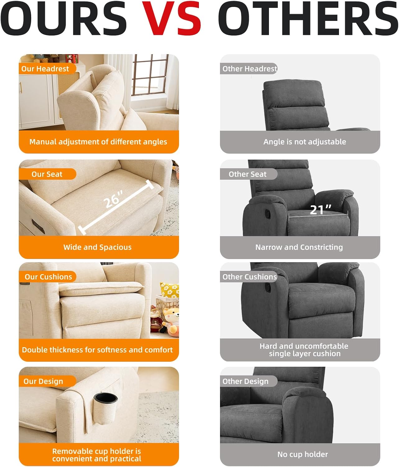 Oversized Swivel Rocker Recliner Chair, 26' Extra Wide Glider Nursery Chair with Adjustable Headrest, Chenille Power Recliner Rocking with Double Cushion, Cup Holder, Beige