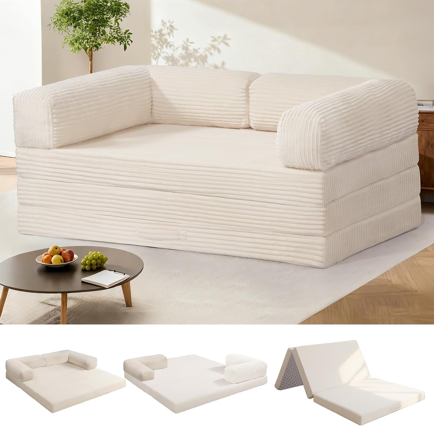 Tri-Fold Foldable Mattress, Convertible Folding Sofa Bed with Removable Arms & Washable Cover, All-in-One Portable Mattress Floor Sofa Bed, No Assembly Required & Non-Slip, Queen Size, Beige