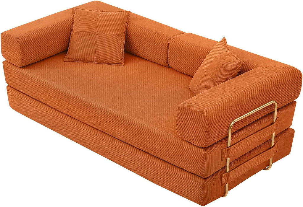 4-in-1 Folding Convertible Sofa Bed, 78 Inch Boneless Couch with Fixed-Shape Frame, Corduroy Loveseat Sleeper with Pull Out Bed, Floor Sofa Modular Futon Couch for Living Room Bedroom Lounge (Orange)