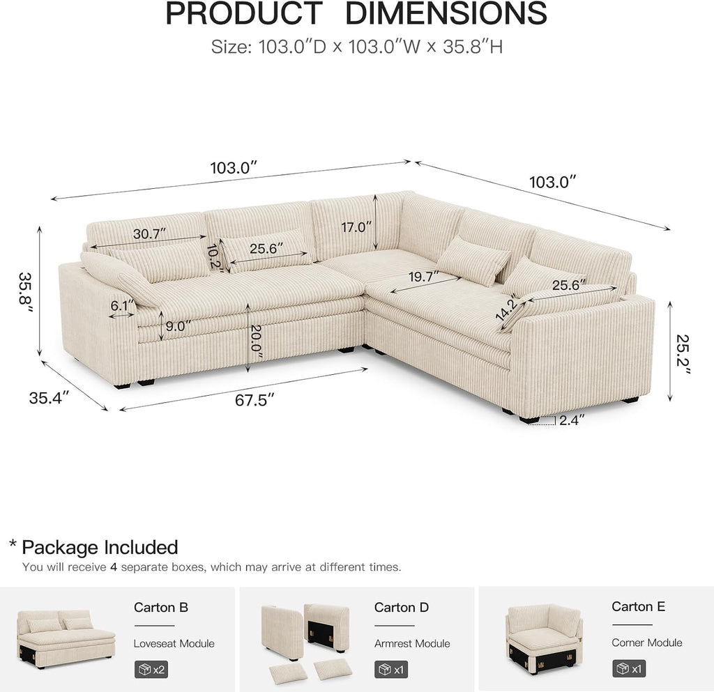 Belffin Large Modular Sectional Sofa with Double 61' Loveseat, Corduroy Corner Couch with 9' Soft Dual-Layer Seats Cushion for Living Room, Apartment, Small Sapce, Beige