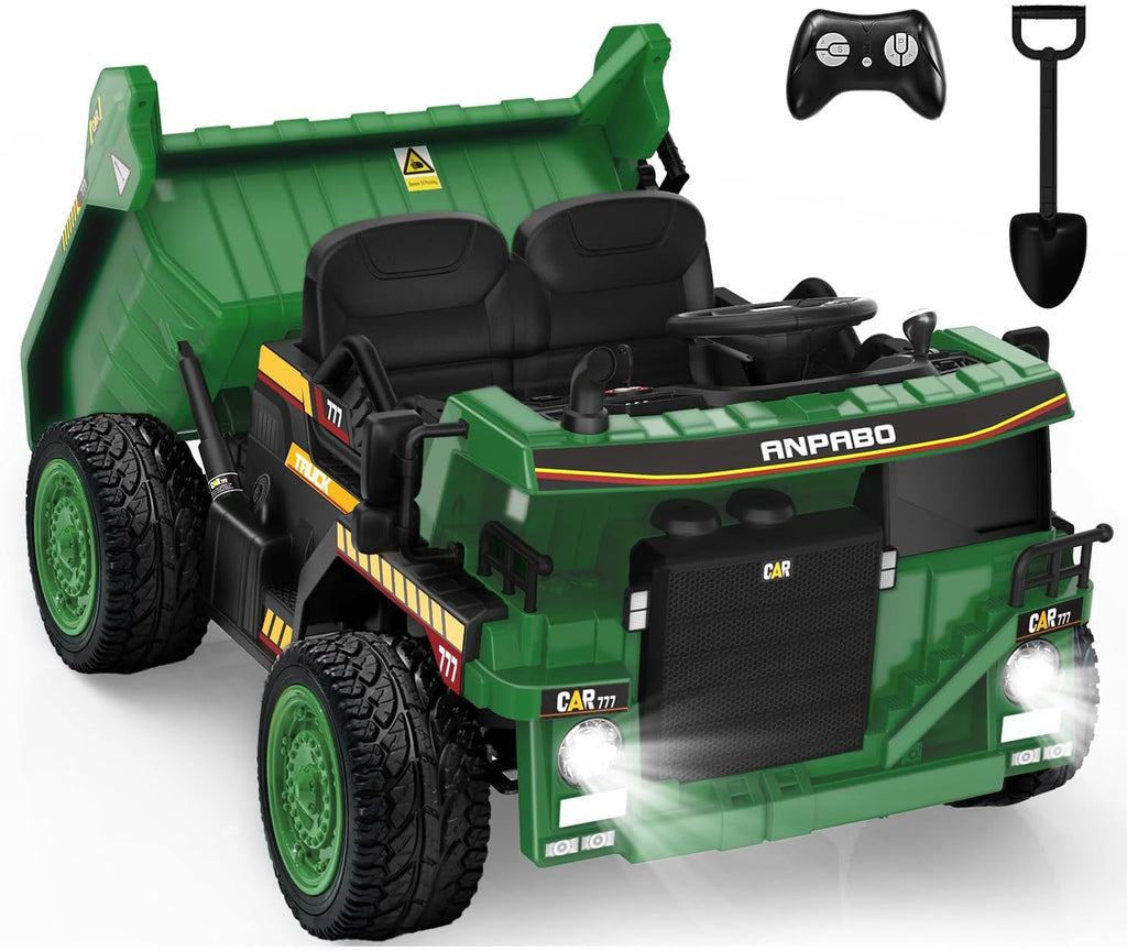 ANPABO 24V Ride On Dump Truck, 2X75W Powerful Motors, Up to 4.4Mph, EVA Tires, Construction Vehicle w/Electric Dump Bed and Extra Shovel, 19' Spacious 2 Seater, Kids Car w/Parent Remote -DarkGreen