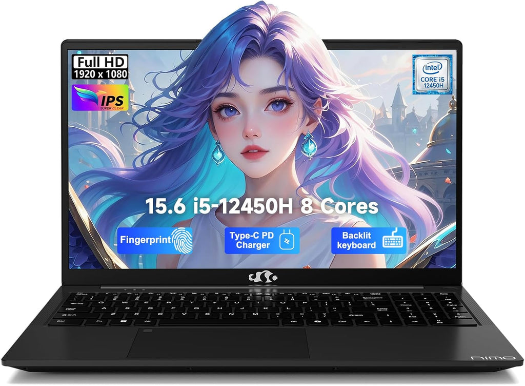 NIMO 15.6' FHD IPS Laptop, i5-12450H 8-Core (Beats i7-11800H), 16GB RAM 1TB SSD, Backlit Keyboard, Fingerprint, 100W Type-C Fast Charger, WiFi 6, Ideal for Students & Home Office Computer