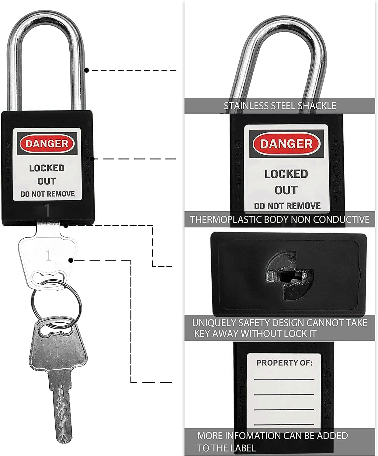 SAFBY 50 Keyed Different Lockout Tagout Locks with 50 Lock Out Tag Out Tags - Loto Safe Padlocks for Lock Out Tag Out Stations and Devices (1-50 Black)