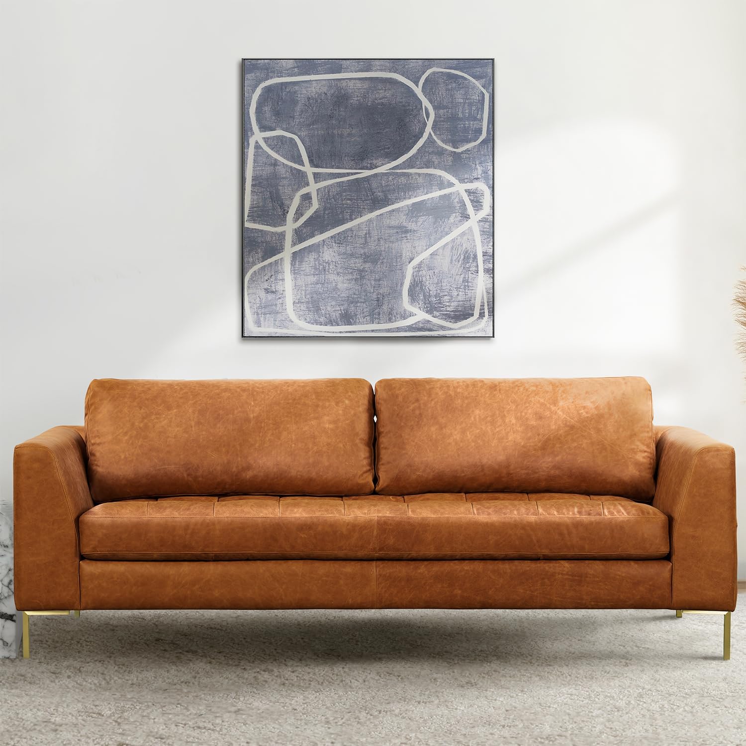 Poly & BARK Calle 90' Sofa, Full-Grain Pure-Aniline Italian Leather, Cognac Tan, Brass Legs