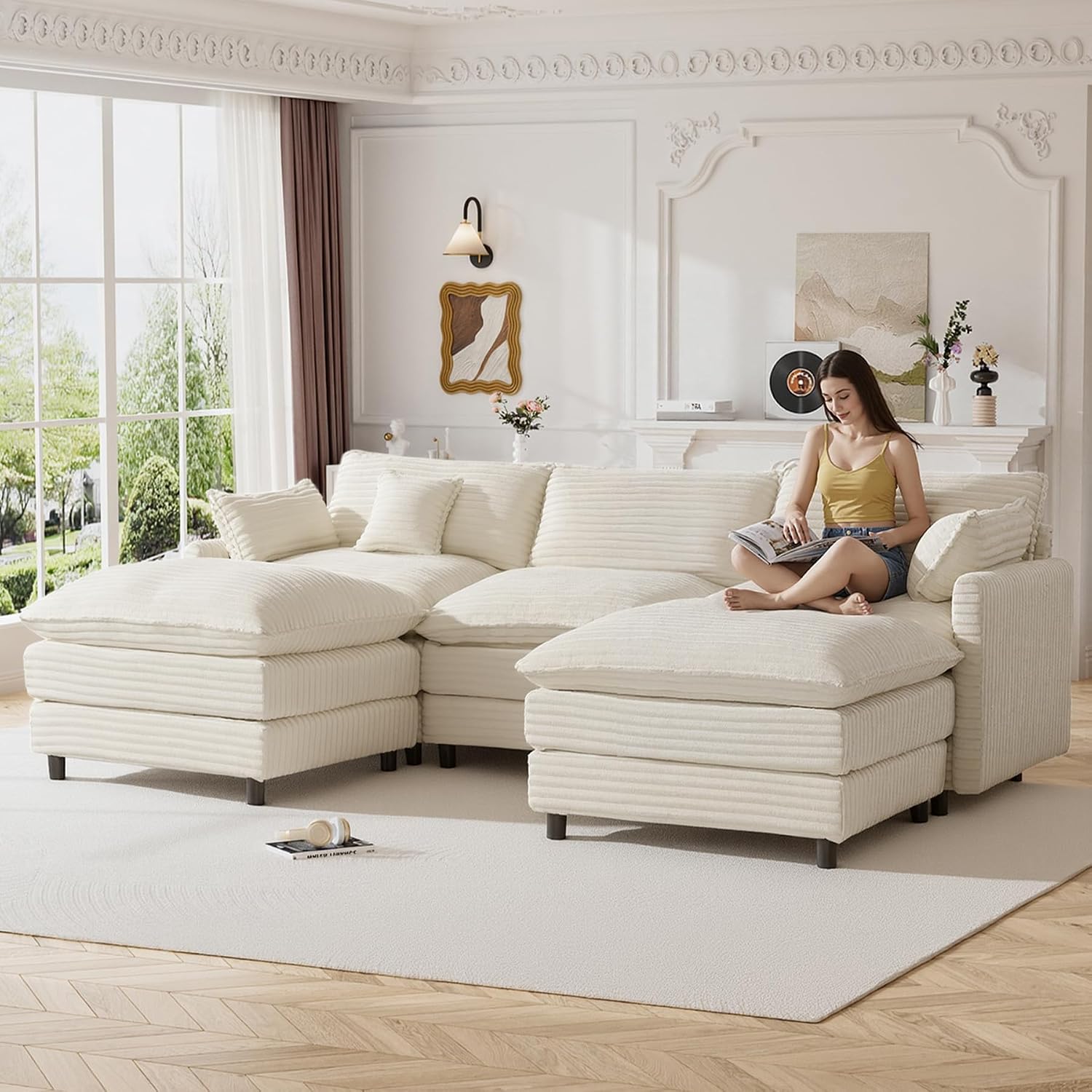 HYJT-H&K 108' U Shaped Cloud Couch Modular White Sectional Couches for Living Room, Comfy Fluffy Corduroy Oversized Cloud Sectional Couch Large 5 Seat Sectionals Sofa Set, White