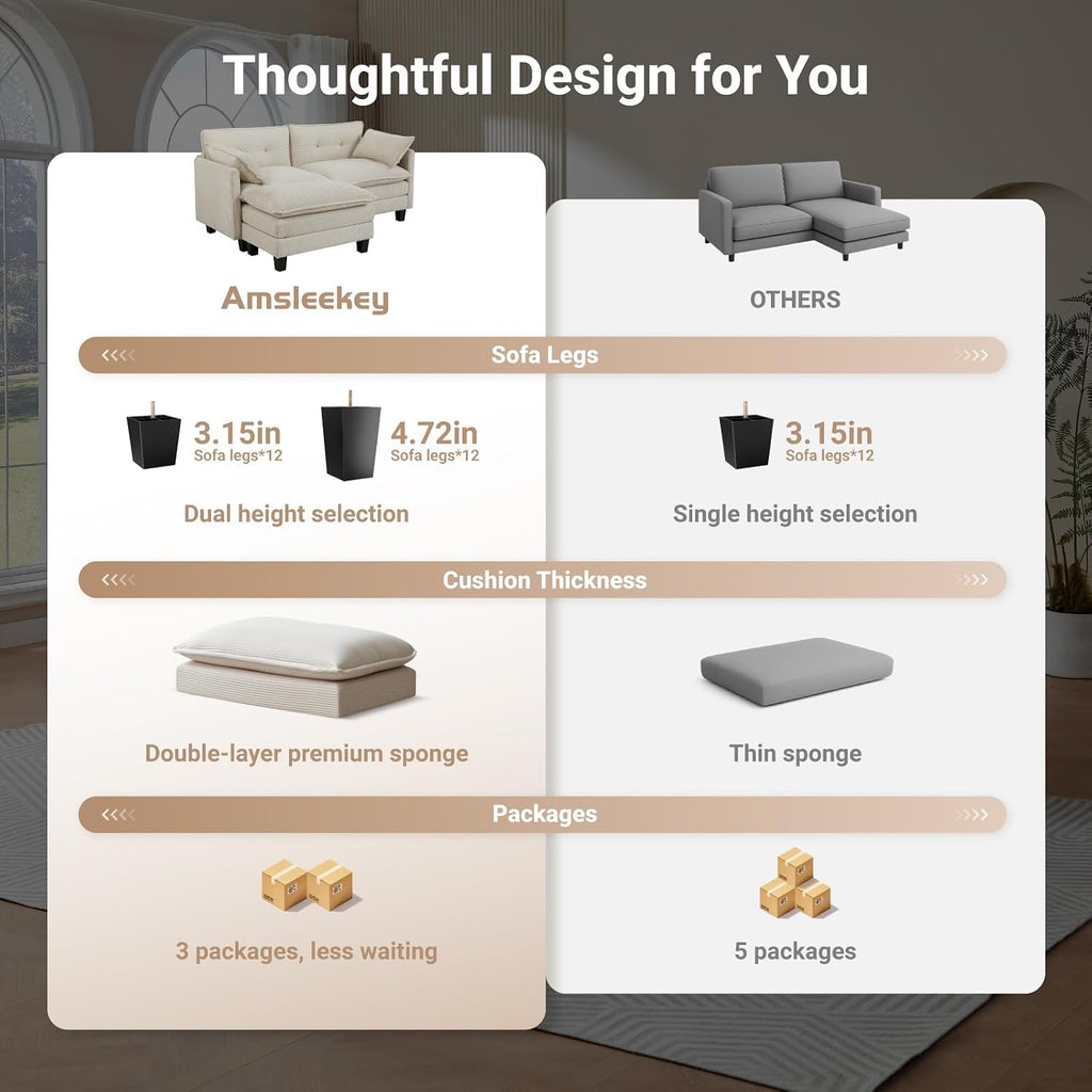 Amsleekey Modular Sectional Sofa, 111.5' U-Shaped Corduroy Comfy Sectional Couches for Living Room, 3-Seater Cloud Couches with 2 Movable Ottomans, Flexible Combination Modern Deep Seat Sofa (Beige)