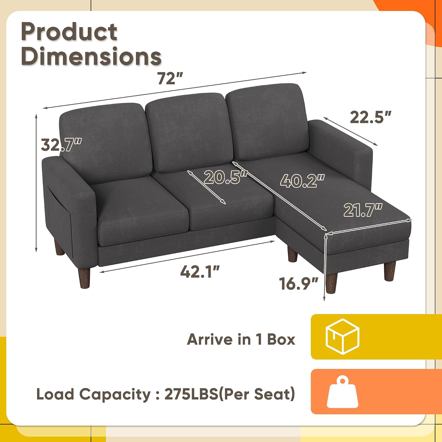 YESHOMY Couch for Living Room, Small L-Shaped Couch with Convertible Chaise, Comfy Sectional Sofa with Ottoman and Side Pockets for Small Space,Dark Grey