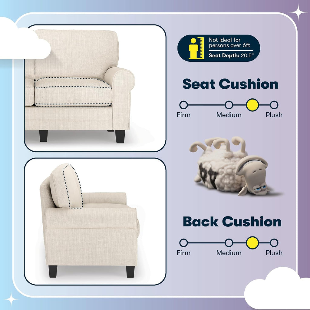 Serta Copenhagen Small Loveseat Sofa, 61 Inch Couch with Rolled Arms, Pocket Coil Seat Cushions, Removable Covers, Easy Care Polyester Upholstery for Living Room, Bedroom or Office, Buckwheat Beige