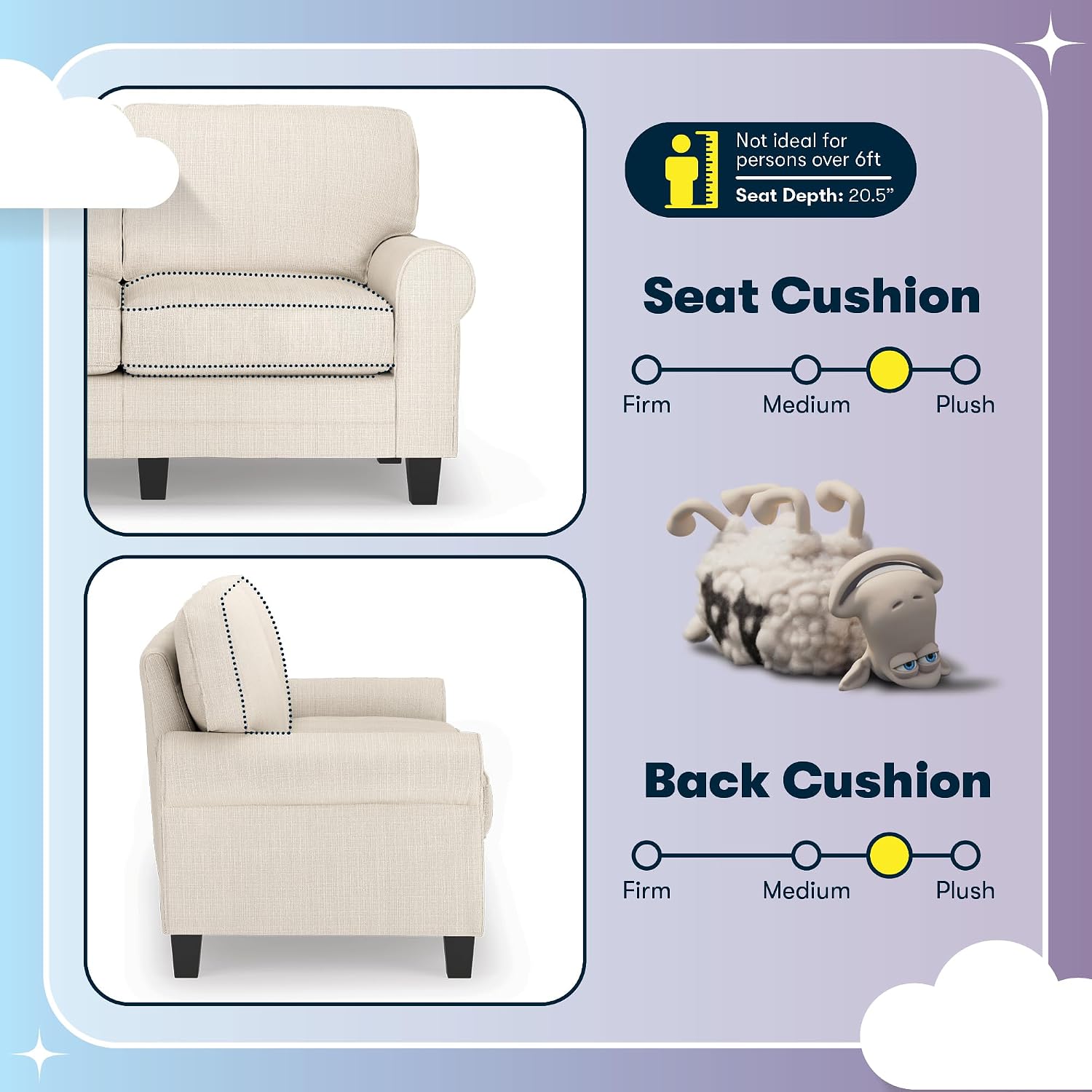 Serta Copenhagen Small Loveseat Sofa, 61 Inch Couch with Rolled Arms, Pocket Coil Seat Cushions, Removable Covers, Easy Care Polyester Upholstery for Living Room, Bedroom or Office, Buckwheat Beige