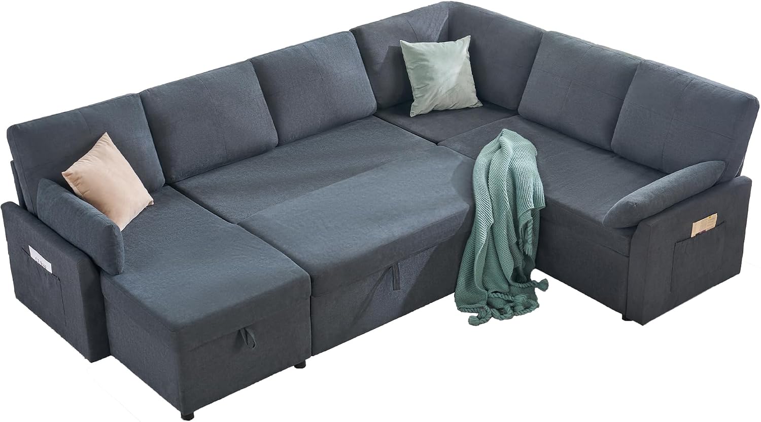AMERLIFE 112 inch Sleeper Sofa, 2-in-1 Sofa Bed with Storage Chaise, Oversized U Pull Out Shape Sofa Couch for Living Room, Guest Room, Linen Grey