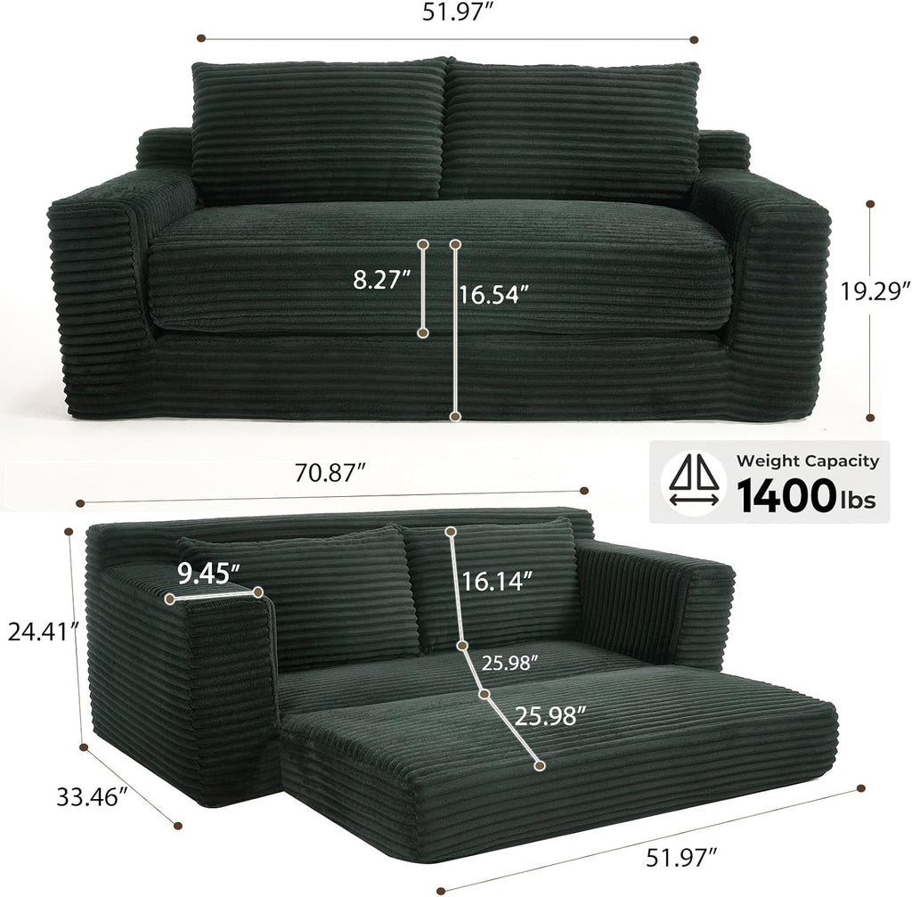 GNIXUU Corduroy Cloud Loveseat Sofa, 2 in 1 Convertible Sleeper Sofa with Fixed-Shape Frame, Comfy Folding Boneless Love Seat Couches for Living Room, Apartment, Small Spaces Green