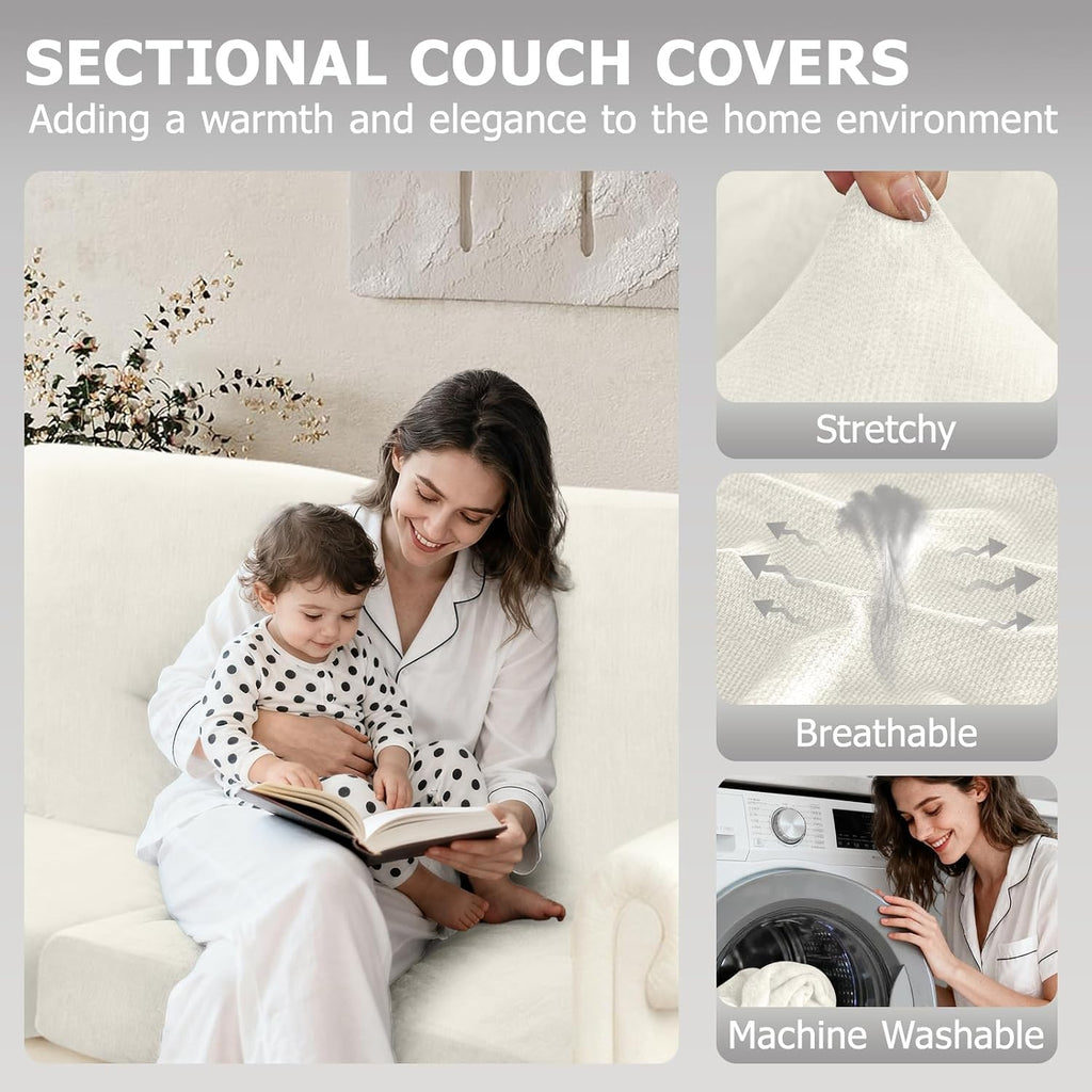 Arfntevss Velvet Corner Sectional Couch Covers Slipcovers L Shape Couch Cushion Covers Fitted Stretch Pet Sofa Covers Non-slip U Shaped Furniture Protector (5 Seat Covers 6 Back Cushion Covers, Ivory)
