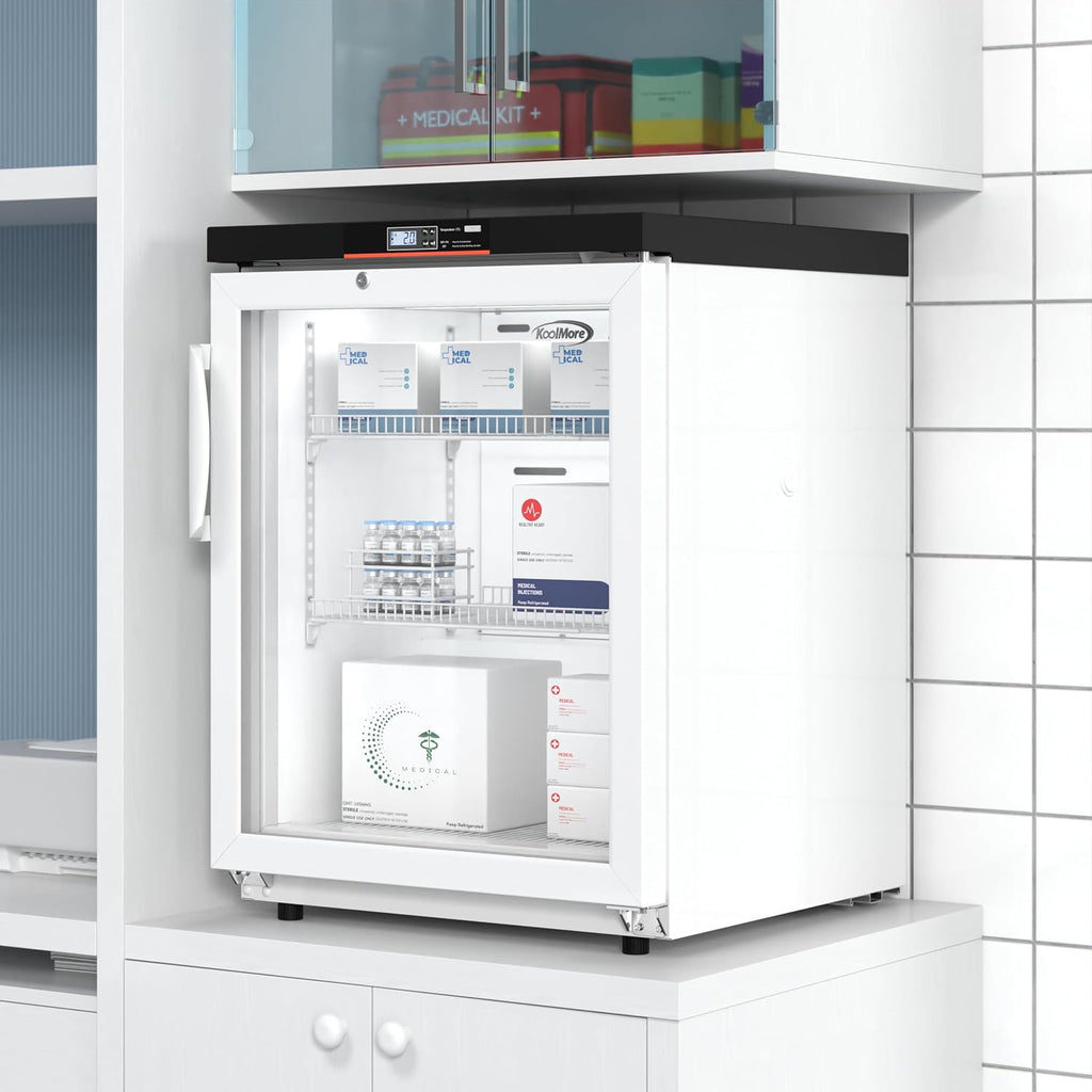 KoolMore 4.5 cu ft Countertop Medical Pharmacy Refrigerator with Emergency Backup Battery for Temperature Display and Alarm in White, UL Listed (KM-PHR-45C)