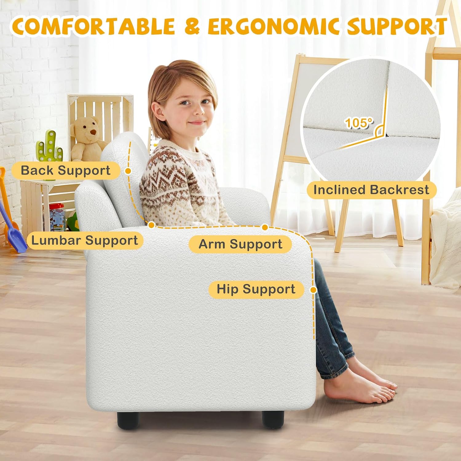 Costzon Kids Couch, 2 Seat Toddler Armrest Chair w/Teddy Fleece Upholstery & Solid Wooden Frame, Double Seat Children's Sofa for Preschool, Bedroom, Playroom, Daycare, Ideal Gift for Girls Boys