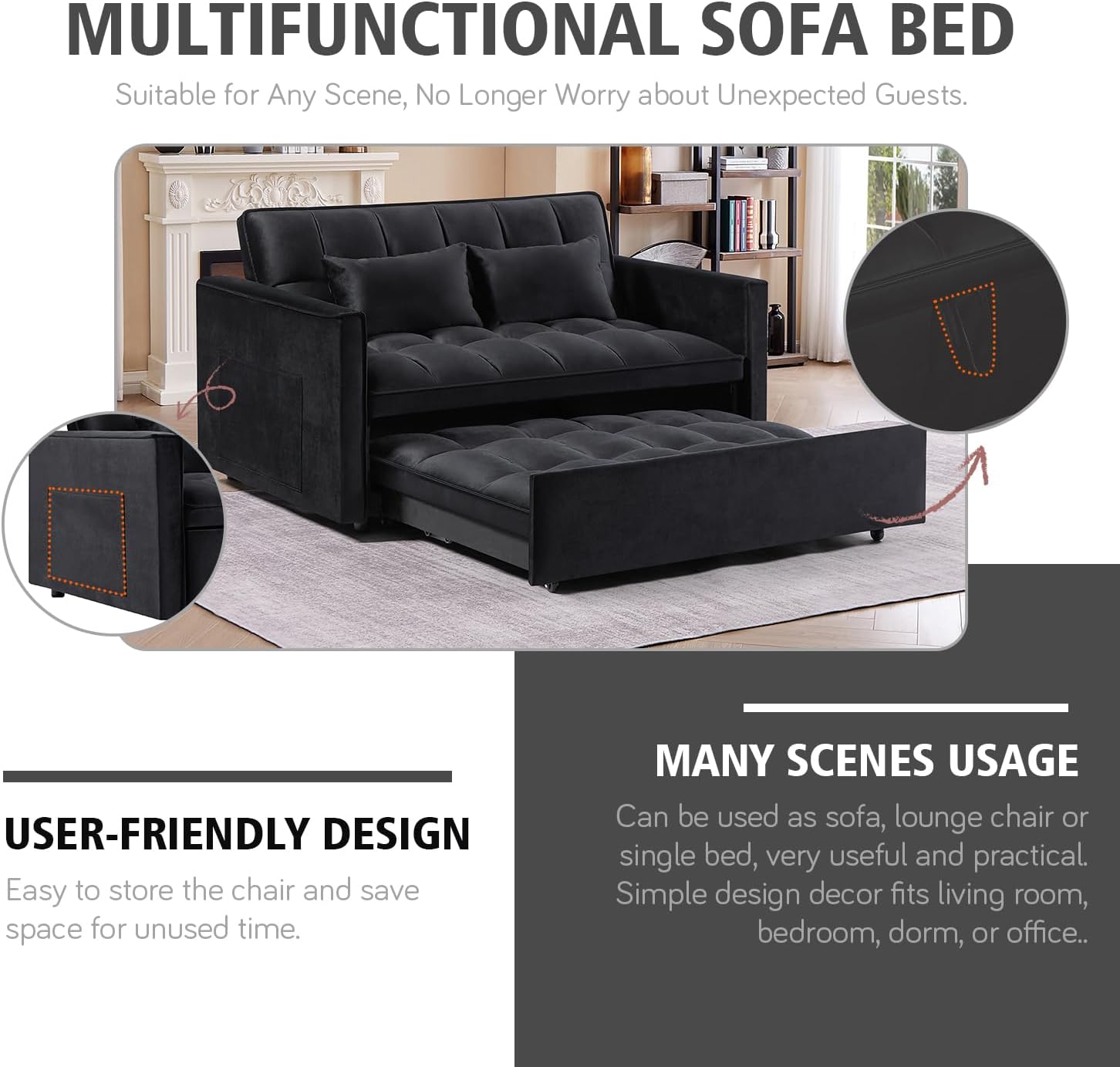 3 in 1 Convertible Sleeper Sofa Bed, 54'' Full Size Velvet Pull Out Futon Couch Recliner with Reclining Backrest & 2 Pillows, Small Loveseat Lounge Couches for Small Spaces (Black)