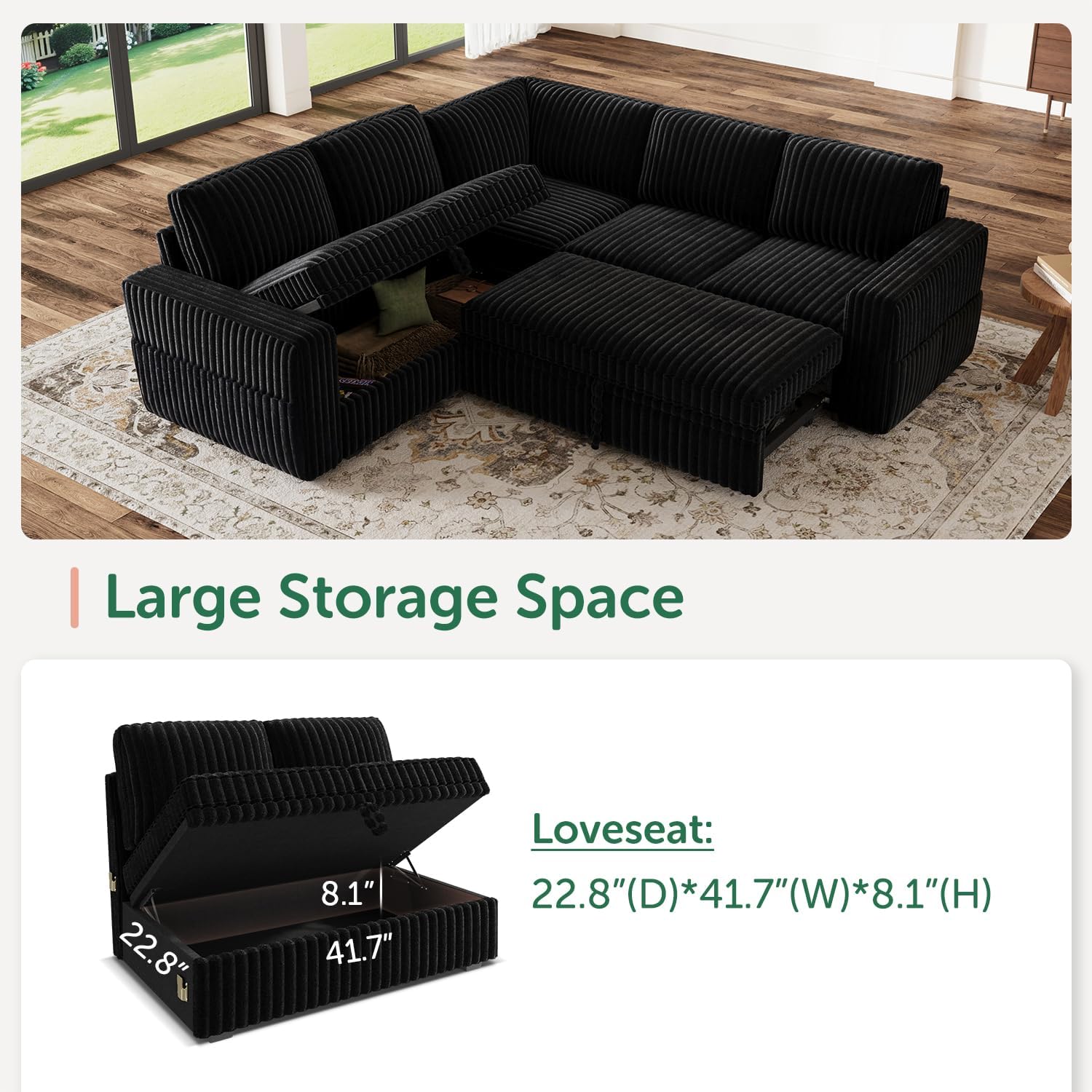 HONBAY Modular Sectional Sleeper Sofa with Pull Out Bed,Corduroy L Shaped Couch with Storage, Sectional Couches for Living Room,Black