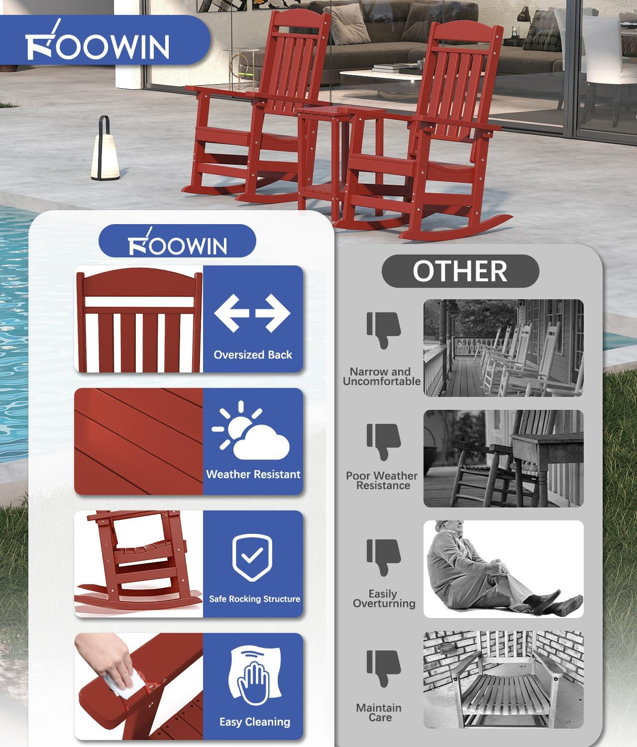 FOOWIN Outdoor Rocking Chair Set of 2, High Back Patio Rocking Chair, HDPE All Weather Resistant Porch Rocker for Adult, Oversized Rocking Chairs for Garden, Lawn, Indoor & Outdoor Use, Dark Red