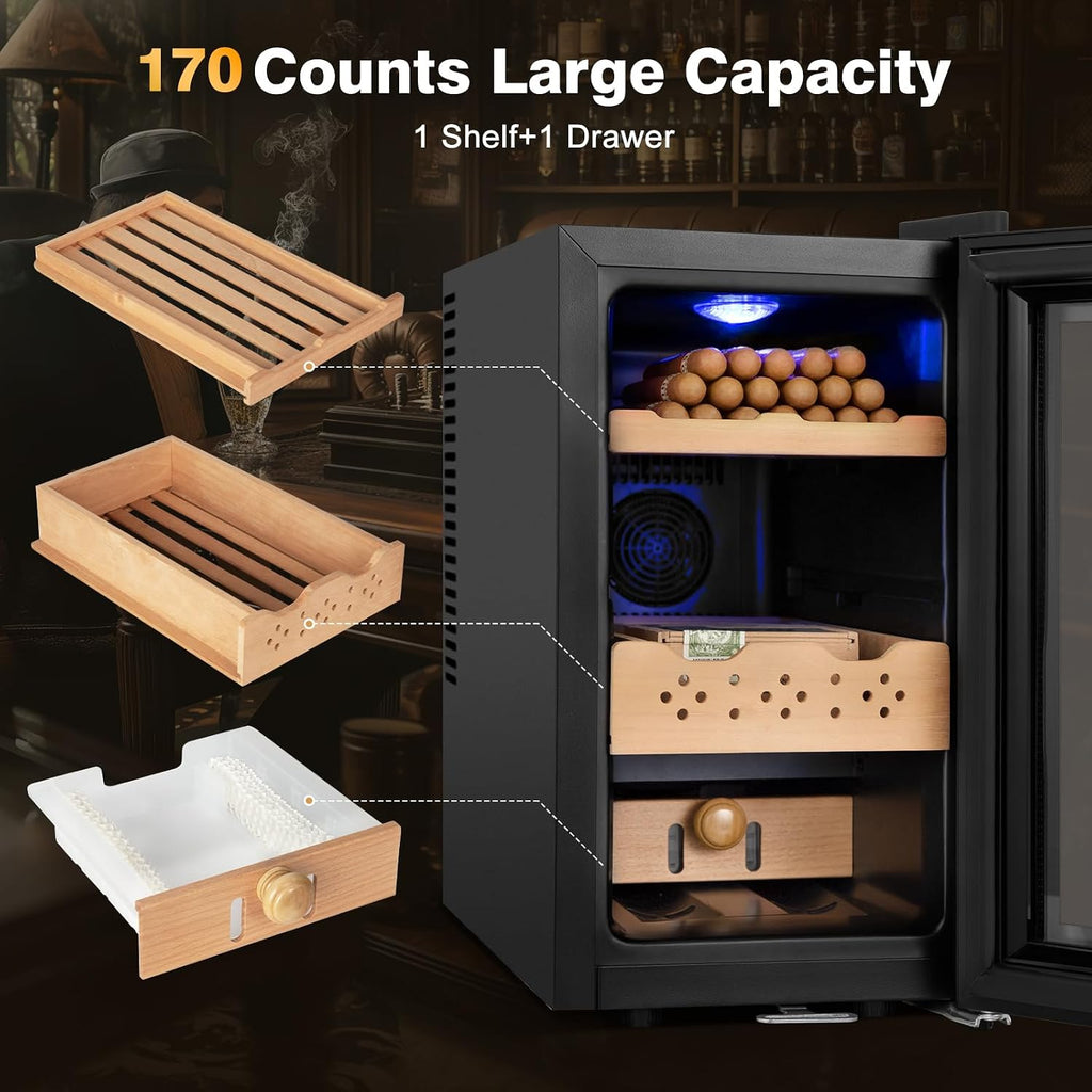 Electric Cooler Cabinet 25L with Temperature and Humidity Control, Spanish Cedar Wood Shelves and Safety Lock (180 Counts Capacity), Gift for Men