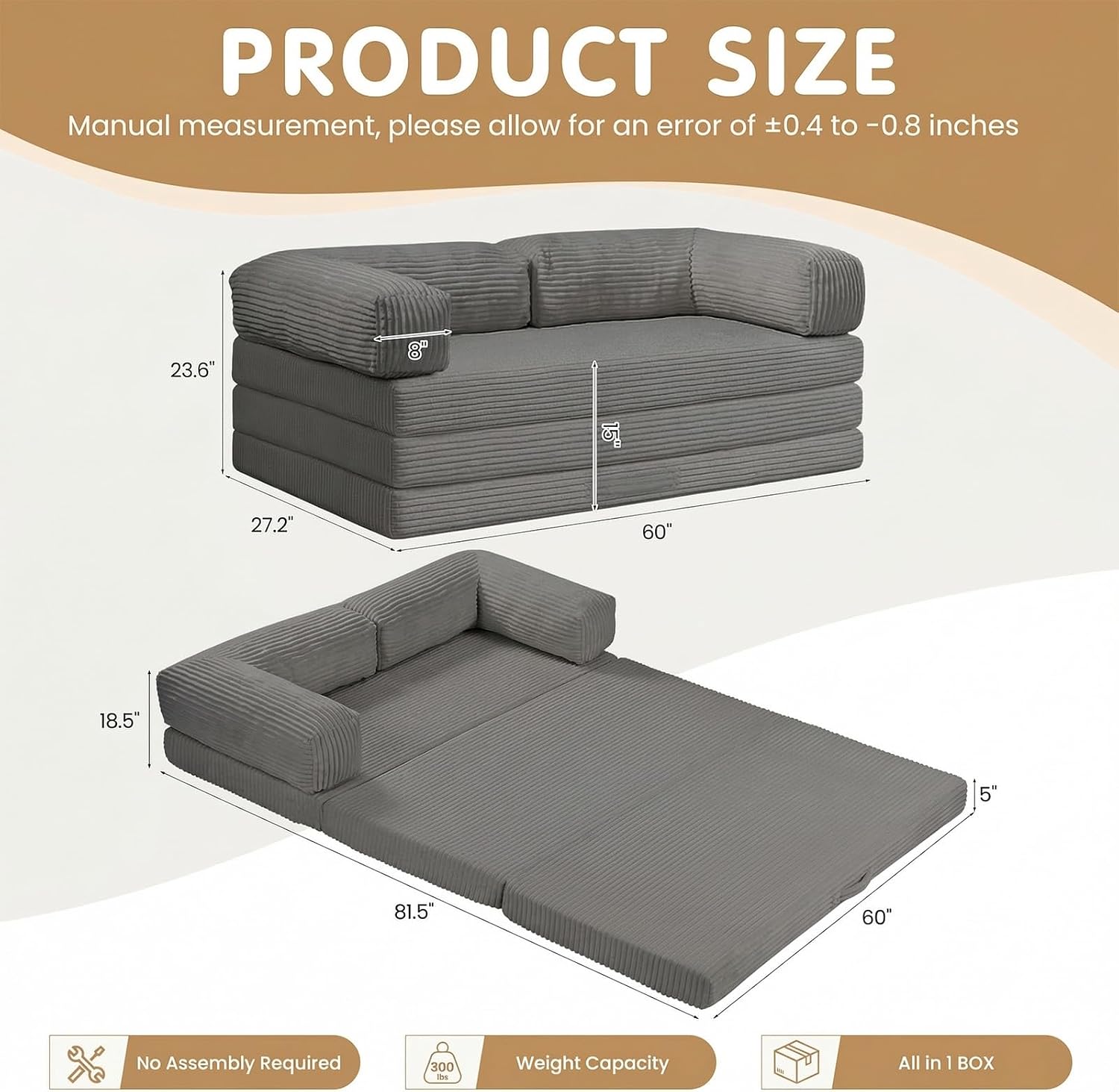JUIKURY Folding Sofa Bed, Convertible Sleeper Chair with Pilow Foldable Matress, 2 in 1 Pull Out Loveseat Sofa Portable Fold Out Chair Bed Floor Couch Lounge for Living Room (Grey, Queen-82'L x 60'W)