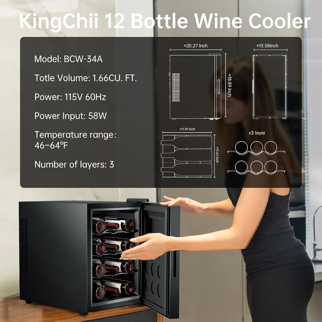 KingChii 12 Bottle Wine Cooler, Freestanding Wine Fridge with Glass Door, Adjustable Shelves & Digital Temperature Display Wine Refrigerator for Red, White, Champagne - Perfect for Home, Kitchen, Bar