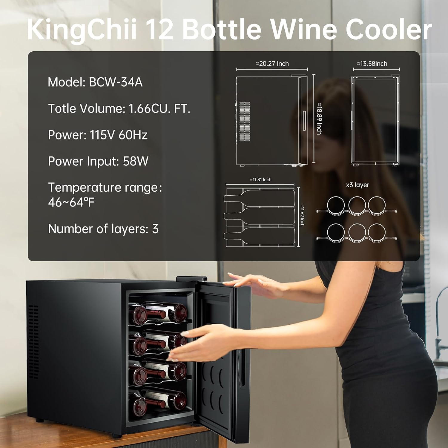 KingChii 12 Bottle Wine Cooler, Freestanding Wine Fridge with Glass Door, Adjustable Shelves & Digital Temperature Display Wine Refrigerator for Red, White, Champagne - Perfect for Home, Kitchen, Bar