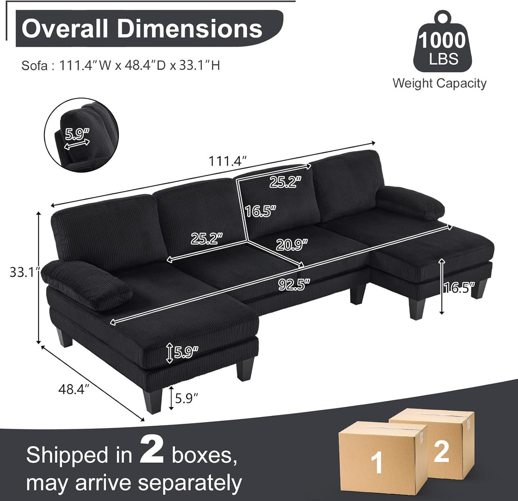 Karl home U-Shape Sectional Sofa Couch 111' Modern 4-Seat Sofa with Chaises Corduroy Fabric Upholstered Covertible Couch with Wood Grain Legs for Living Room, Reception Room, Apartment, Black