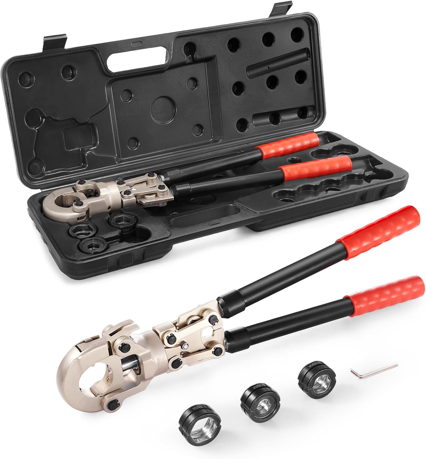 VEVOR Copper Press Tool Tube Fittings Crimping Kit, 360° Rotatable Press Crimper Tool with 1/2', 3/4', 1' Quick Change Jaws, Locking Pin & Extendable Handle, Meet ASTM B88 and B75 Standard