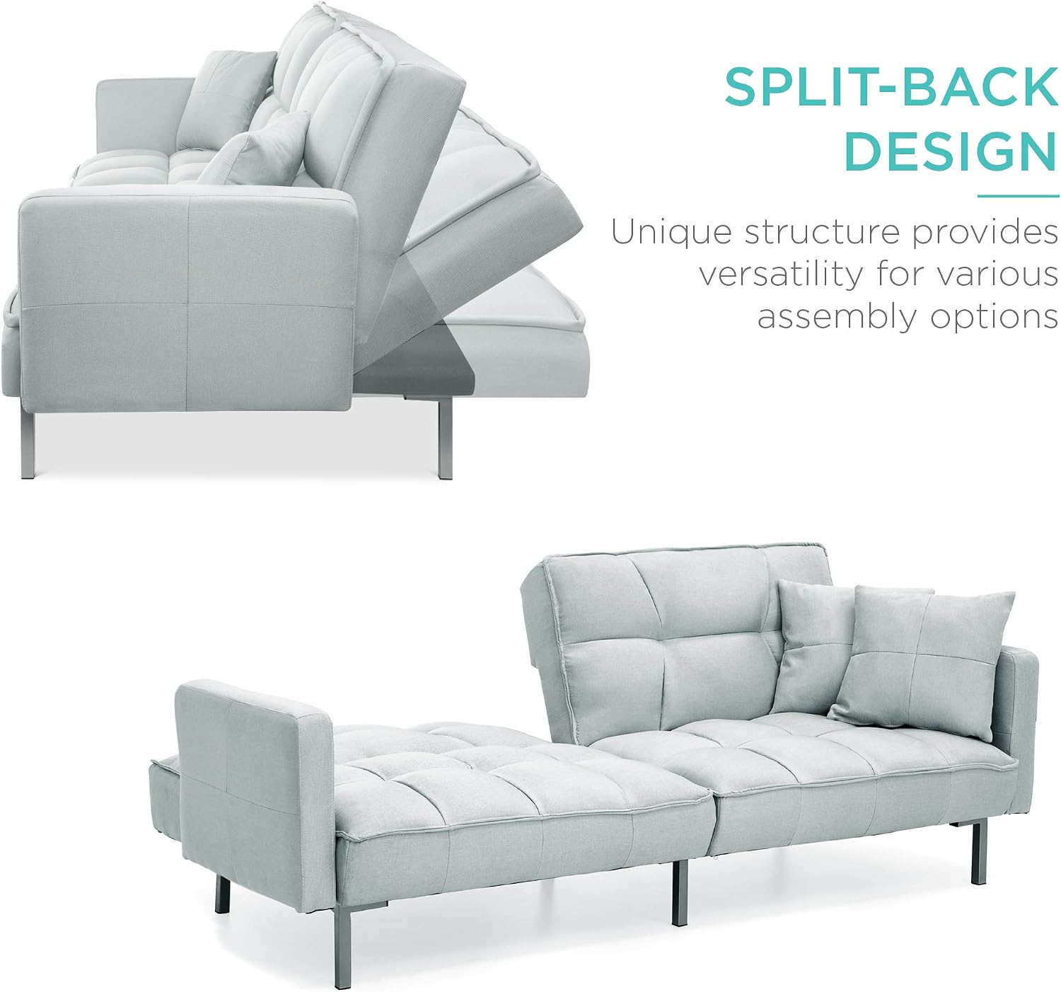 Best Choice Products Convertible Linen Fabric Tufted Split-Back Plush Futon Sofa Furniture for Living Room, Apartment, Bonus Room, Overnight Guests w/ 2 Pillows, Wood Frame, Metal Legs - Light Gray
