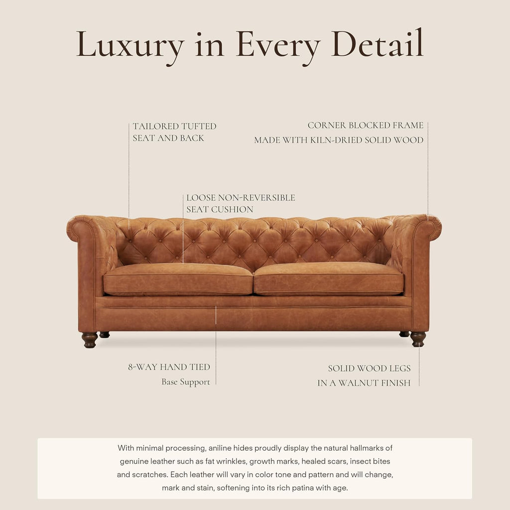 POLY & BARK Lyon 87.4' Leather Sofa in Cognac Tan – Full-Grain Pure-Aniline Italian Leather, Deep Button Tufting, Rolled Arms and Espresso Wood Legs – Chesterfield Style for Elegant Living Rooms