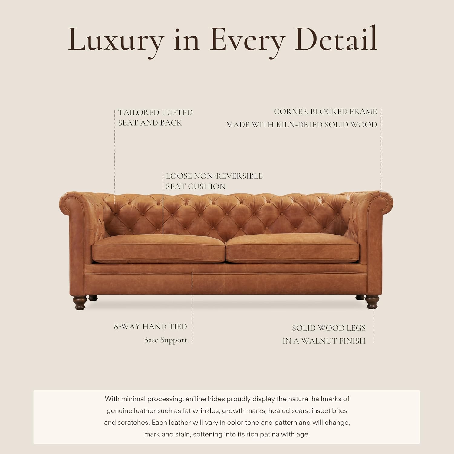POLY & BARK Lyon 87.4' Leather Sofa in Cognac Tan – Full-Grain Pure-Aniline Italian Leather, Deep Button Tufting, Rolled Arms and Espresso Wood Legs – Chesterfield Style for Elegant Living Rooms