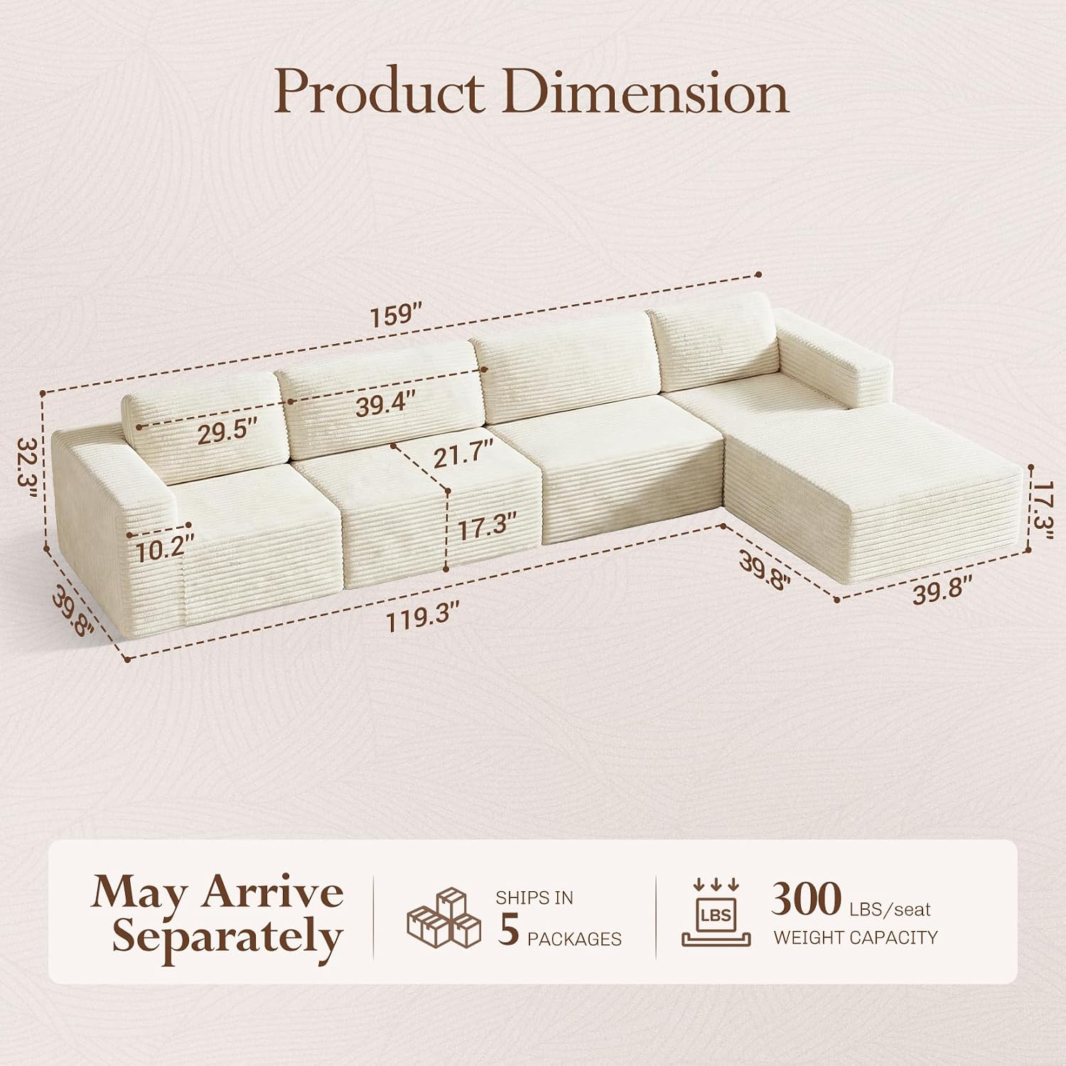 Vesgantti 159' Large Modular Sectional Sofa, L-Shaped Corduroy Cloud Couch with Deep Seats & Spring Support, 4-Seater Boneless Sofa with Movable Ottoman, No Assembly Needed, Beige