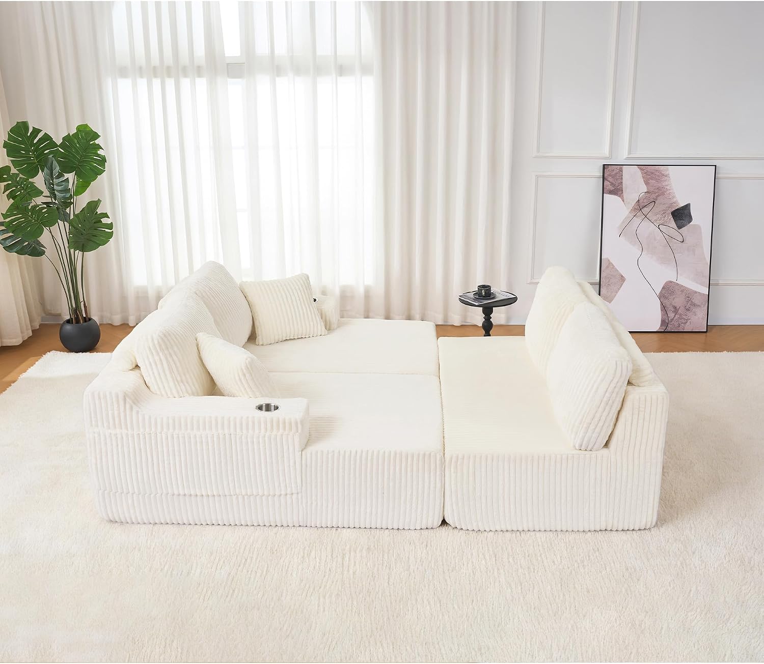 130' Modular Sectional Sleeper Sofa, Modern Cloud Sectional Sofa Couch with Cupholders and Storage, U Shape Boneless Couches for Living Room, Free Combination, No Assembly Required,Beige