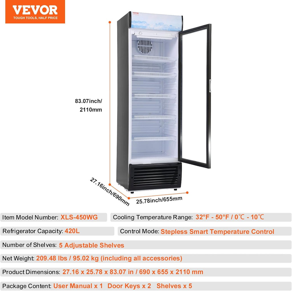 VEVOR Commercial Merchandiser Refrigerator, 14.8 Cu.Ft / 420L Beverage Refrigerator Cooler Merchandiser, Glass Door Display Refrigerator Upright Fridge with 5 Adjustable Shelves, Customizable Lightbox
