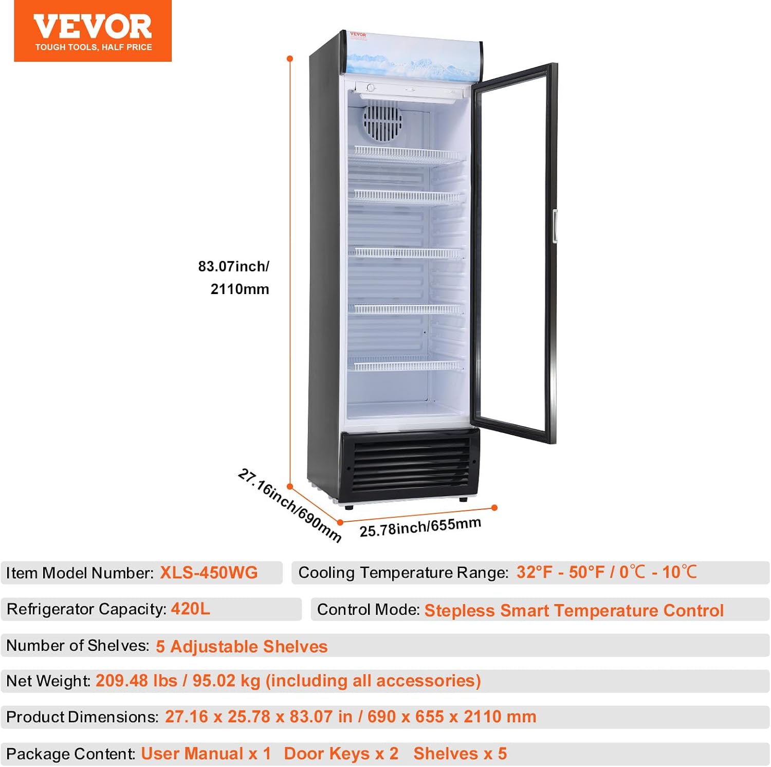 VEVOR Commercial Merchandiser Refrigerator, 14.8 Cu.Ft / 420L Beverage Refrigerator Cooler Merchandiser, Glass Door Display Refrigerator Upright Fridge with 5 Adjustable Shelves, Customizable Lightbox