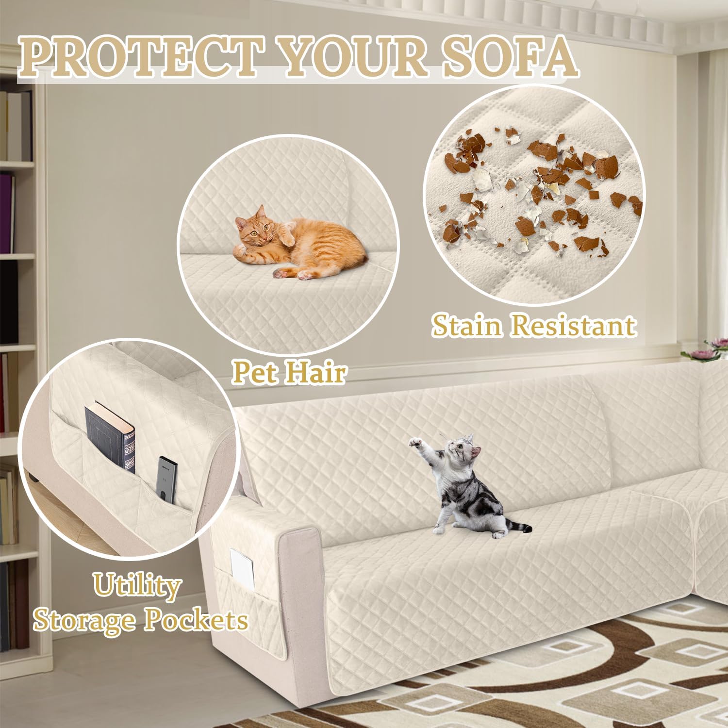 HDCAXKJ Waterproof Corner Sectional Couch Cover Velvet L Shape Sofa Covers for Pets Dogs Soft Heavy Duty U Shaped Sofa Slipcovers Sets for Sectional Non Slip Furniture Protector (Beige, Small)