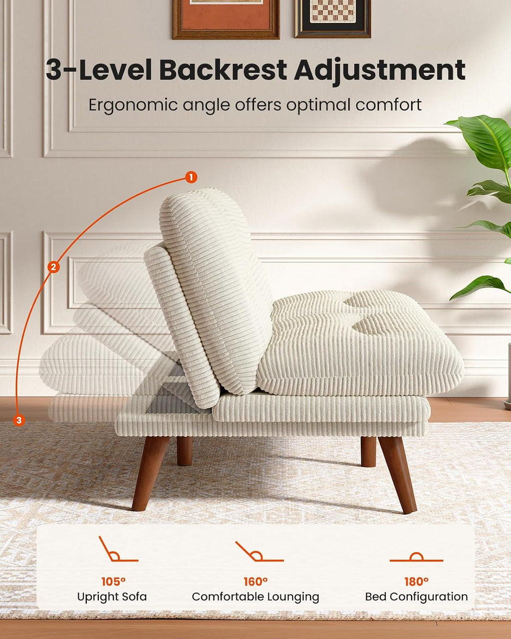 AMADA 66'Convertible Futon Sofa Bed, Corduroy Folding Futon Set with Adjustable Backrest &Armrests, Recliner Lounge for Living Room, Apartment or Office, Solid Wood Frame, Loveseat Sofa - Beige White