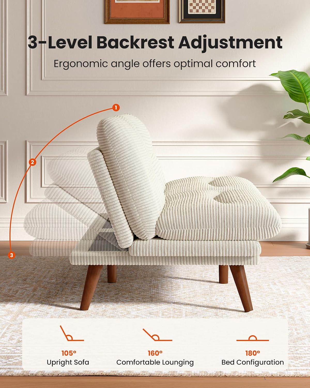 AMADA 66'Convertible Futon Sofa Bed, Corduroy Folding Futon Set with Adjustable Backrest &Armrests, Recliner Lounge for Living Room, Apartment or Office, Solid Wood Frame, Loveseat Sofa - Beige White