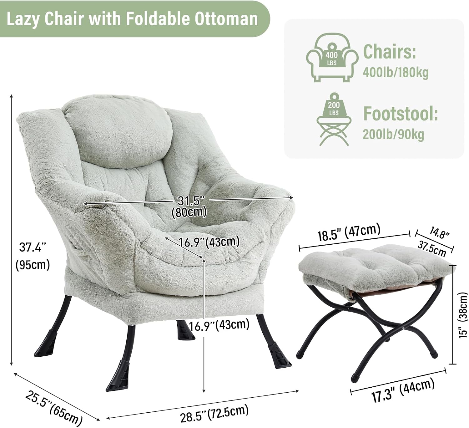 Furlide Lazy Chair with Ottoman, Modern Accent Chair with Armrests and a Side Pocket, Plush Green Accent Chairs, Reading Chairs, Oversized Armchairs for Bedroom, Study, Living Room, Courtyard