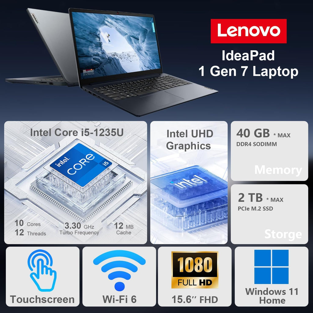 Lenovo IdeaPad 1i Laptop, 15.6' FHD Touchscreen, Intel Core i5-1235U Processor, 24GB RAM, 1TB SSD, Webcam, HDMI, Wi-Fi 6, Windows 11 Home, Blue (Renewed)