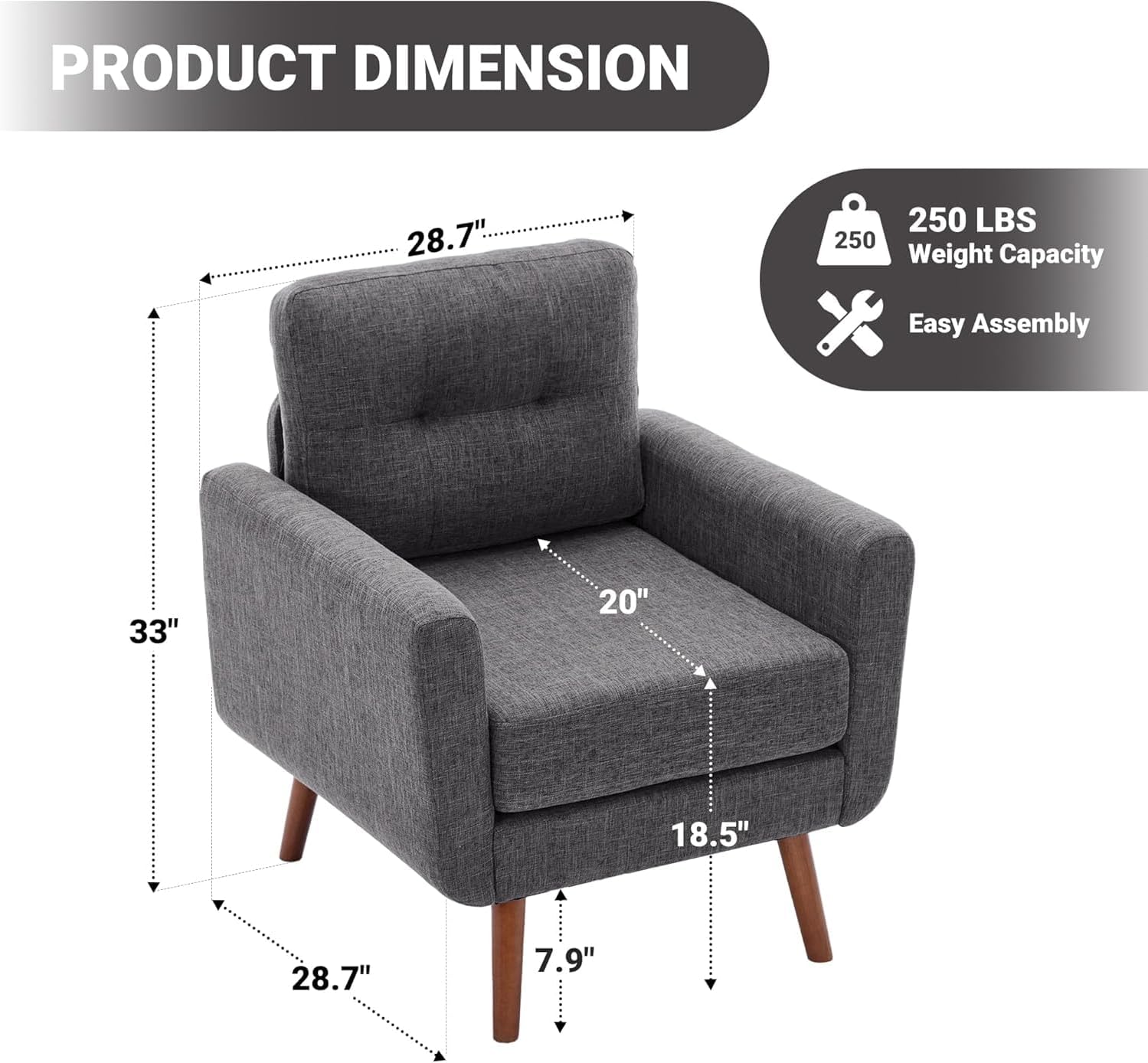 Tbfit Accent Chair, Reading Chair for Living Room & Bedroom, Mid Century Modern Arm Chair, Button Tufted Upholstered Accent Chairs Sofa with Solid Wood Frame, Grey